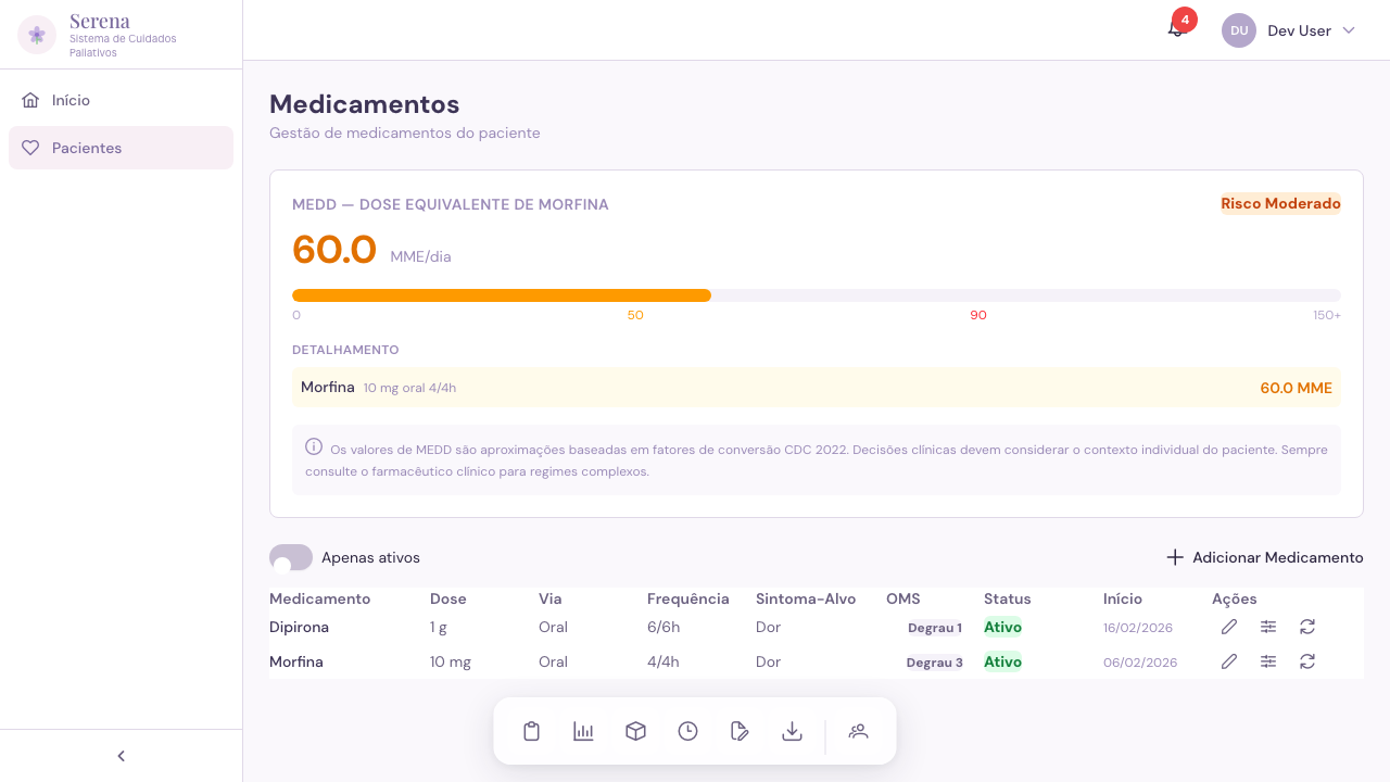 Gestão de medicações com cálculo MEDD
